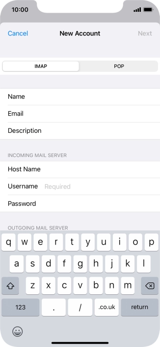 Press Username and key in the username for your email account.
