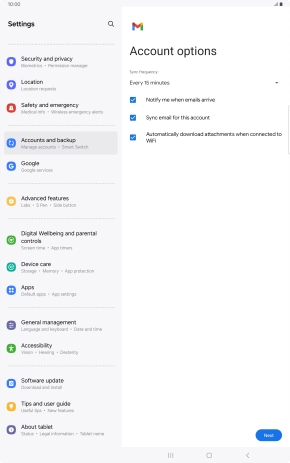 If this screen is displayed, you email account has been recognised and set up automatically. Follow the instructions on the screen to key in more information and finish setting up your tablet.