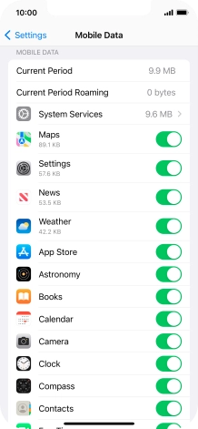 The data usage for each application is displayed below the name of the application.