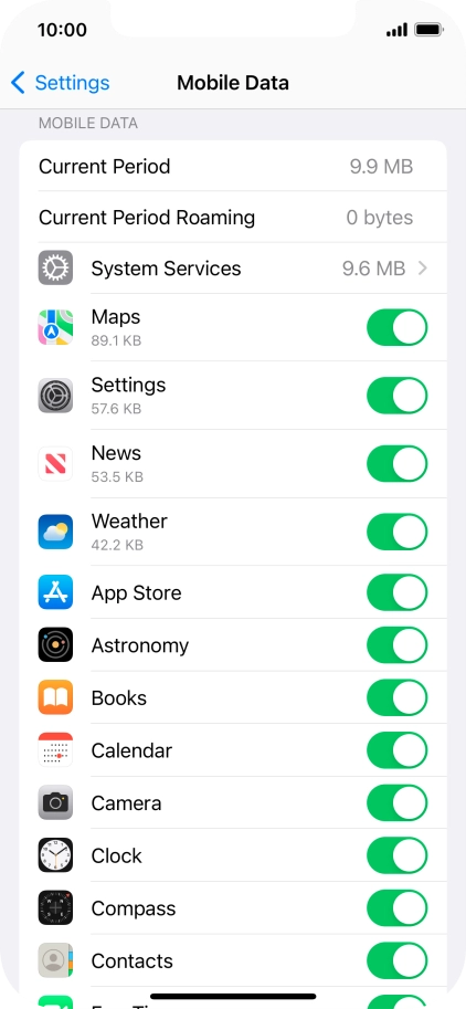 The data usage for each application is displayed below the name of the application.