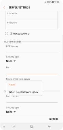 Press Never to keep email messages on the server when you delete them on your phone.