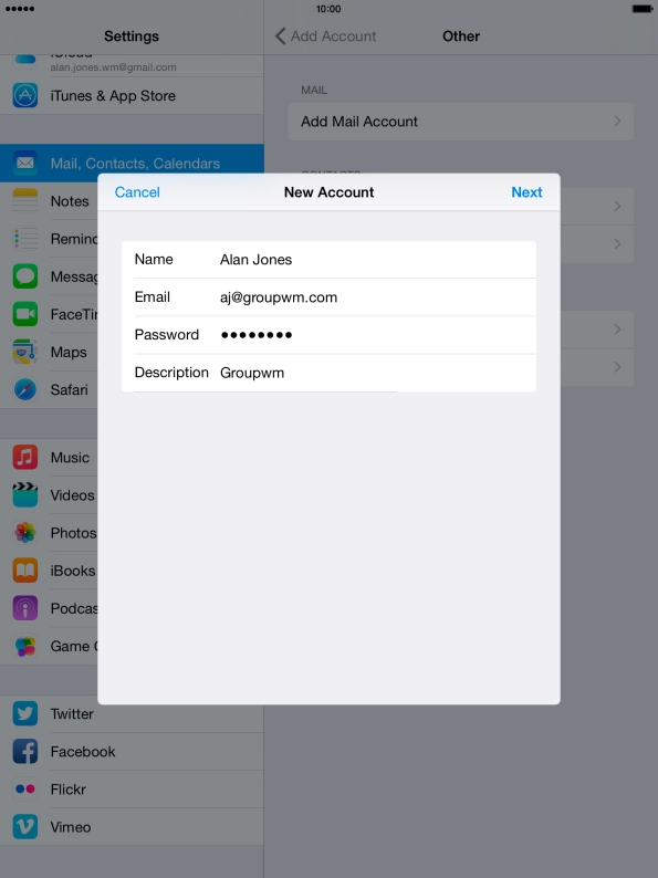 Press Description and key in the password for your email account.