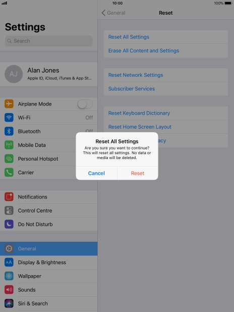 Press Reset. Wait a moment while the factory default settings are restored. Follow the instructions on the screen to set up your tablet and prepare it for use.