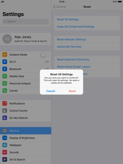 Press Reset. Wait a moment while the factory default settings are restored. Follow the instructions on the screen to set up your tablet and prepare it for use.