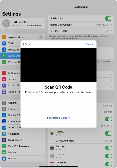 Place the QR code you've received inside the tablet camera frame to scan the code.