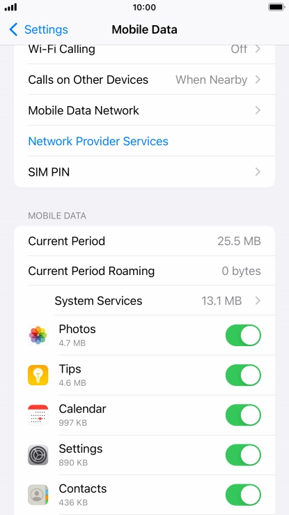 The data usage for each application is displayed below the name of the application.