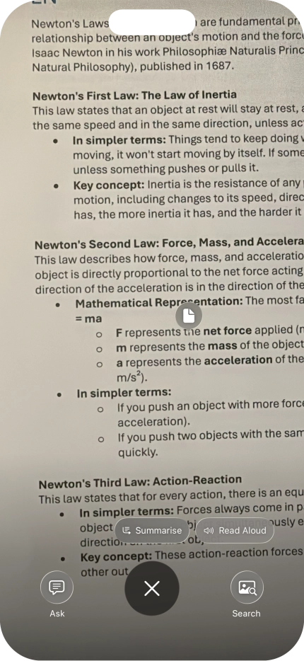 To use visual intelligence on a text, take a picture of the text, press the required setting and follow the instructions on the screen to use the function.