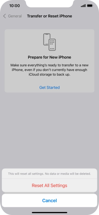 Press Reset All Settings. Wait a moment while the factory default settings are restored. Follow the instructions on the screen to set up your phone and prepare it for use.
