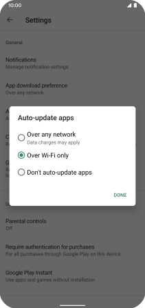 To turn on automatic update of apps using mobile network, press Over any network.