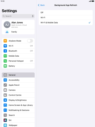 To turn off background refresh of apps, press Off. To turn off background refresh of apps, press Off.