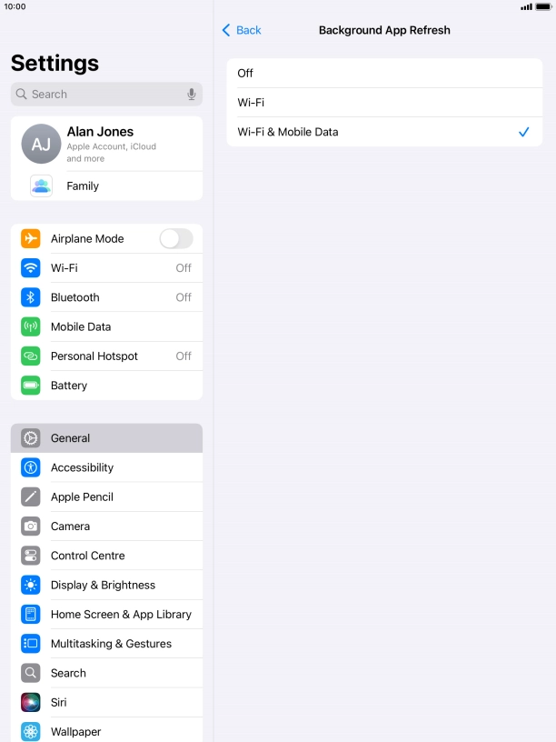To turn off background refresh of apps, press Off. To turn off background refresh of apps, press Off.