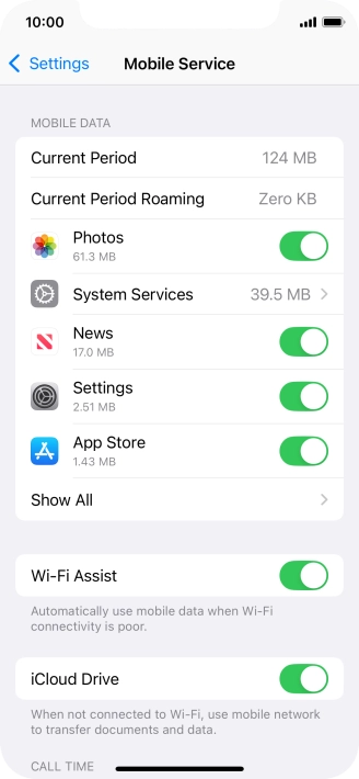 Press the indicators next to the required applications to turn the function on or off.
