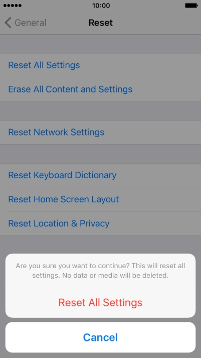 Press Reset All Settings. Wait a moment while the factory default settings are restored. 
Follow the instructions on the screen to set up your phone and prepare it for use.