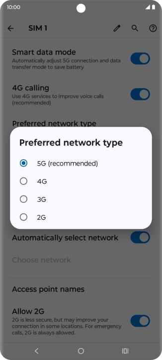 Press the required network mode.