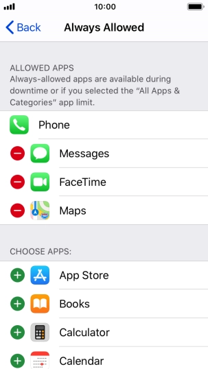 Press the add icon next to the required app to add it to the list of allowed apps during Downtime.