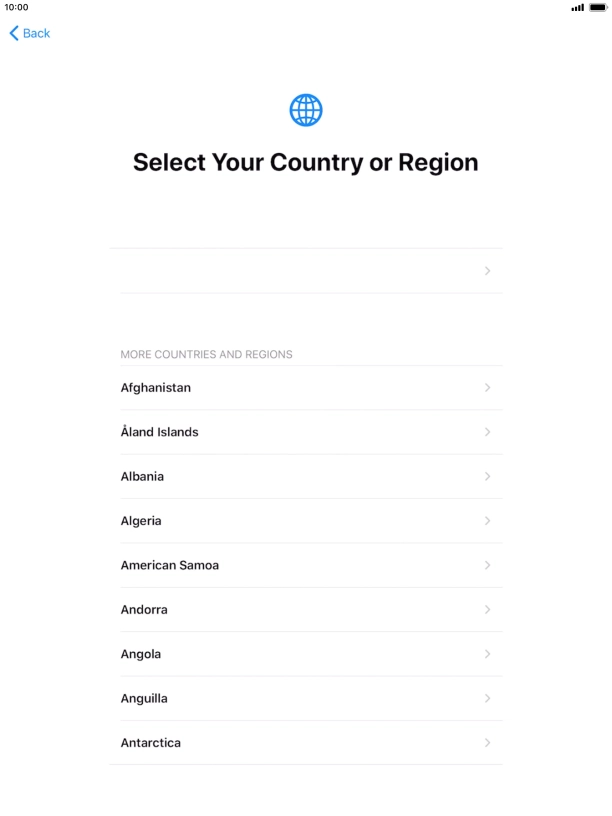 Press the required country or area. Press the required country or area.