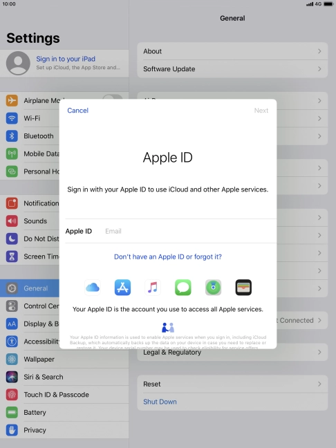 If you don t have an Apple ID, press Don't have an Apple ID or forgot it? and follow the instructions on the screen to create an Apple ID. If you don t have an Apple ID, press Don't have an Apple ID or forgot it? and follow the instructions on the screen to create an Apple ID.