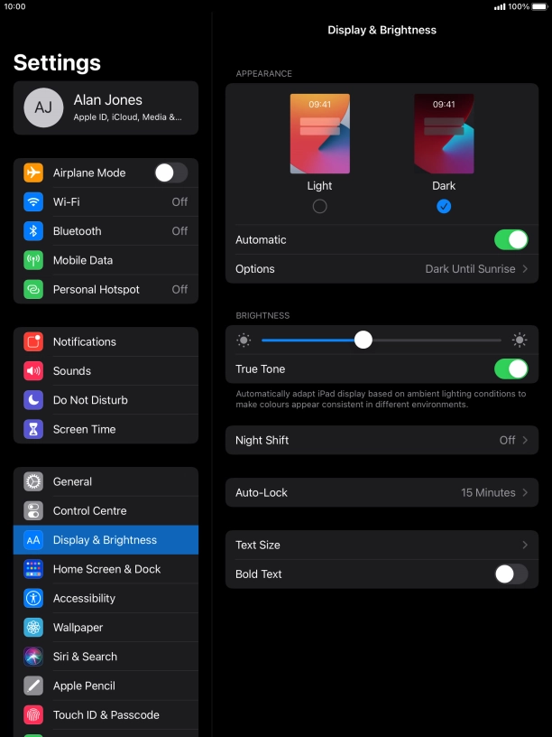 If you turn on the function, press Options and follow the instructions on the screen to select the required period of time for Dark Mode.
