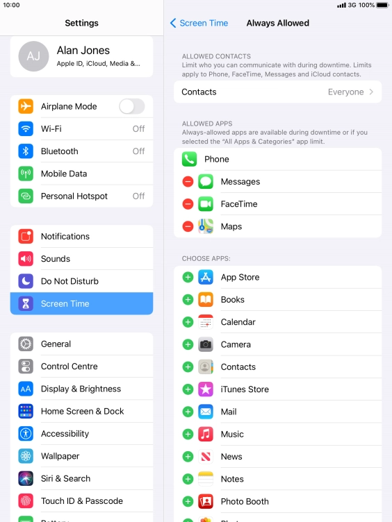 Press the add icon next to the required app to add it to the list of allowed apps during Downtime.