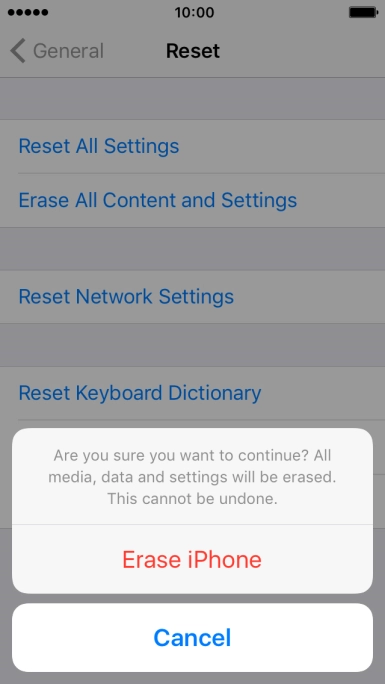 Press Erase iPhone. Wait a moment while the factory default settings are restored. 
Follow the instructions on the screen to set up your phone and prepare it for use.