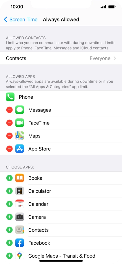 Press the remove icon next to the required app to remove it from the list of allowed apps during Downtime.