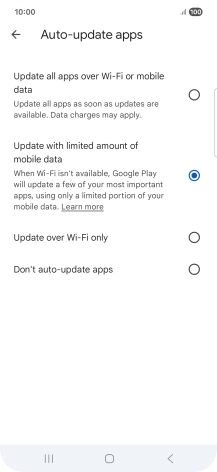 To turn on automatic update of apps using mobile network, press Update all apps over Wi-Fi or mobile data. To turn on automatic update of apps using mobile network, press Update all apps over Wi-Fi or mobile data.