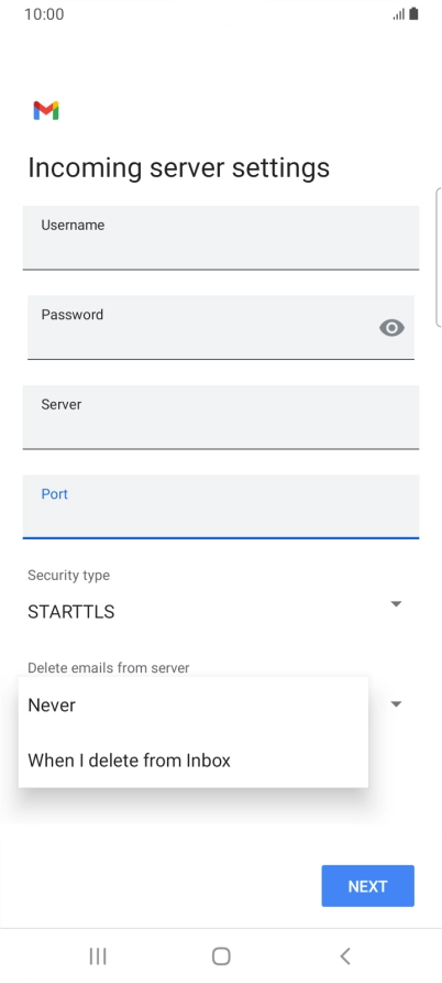 Press Never to keep email messages on the server when you delete them on your phone.