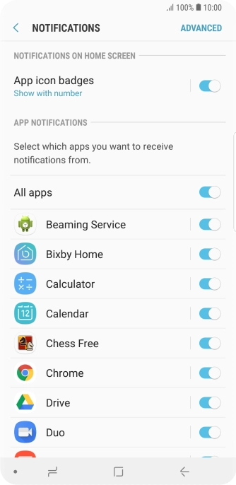 Press the indicator next to the required app to turn the function on or off.