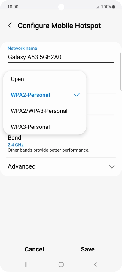 Press WPA3-Personal to password protect your Wi-Fi hotspot.