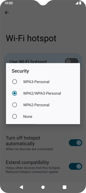 Press WPA3-Personal to password protect your Wi-Fi hotspot.