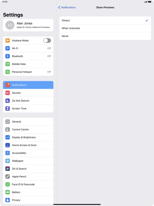 To select notification preview on the lock screen, press Always.