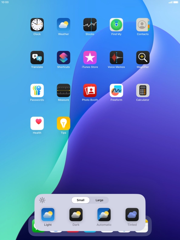 Press the required setting to select the size of app icons on the home screen.