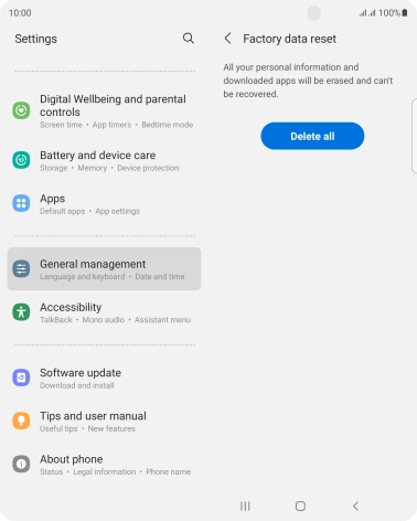 Press Delete all. Wait a moment while the factory default settings are restored. Follow the instructions on the screen to set up your phone and prepare it for use.