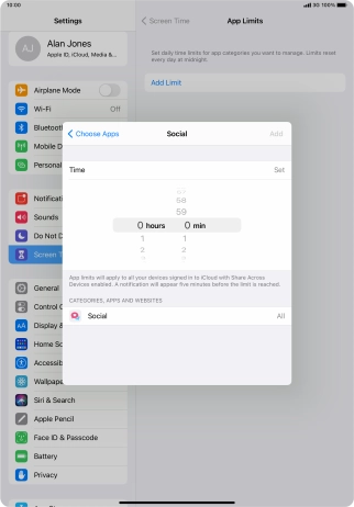 Set the required time limit for use of the selected category.