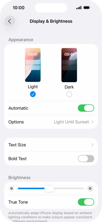 If you turn on the function, press Options and follow the instructions on the screen to select the required period of time for Dark Mode. If you turn on the function, press Options and follow the instructions on the screen to select the required period of time for Dark Mode.