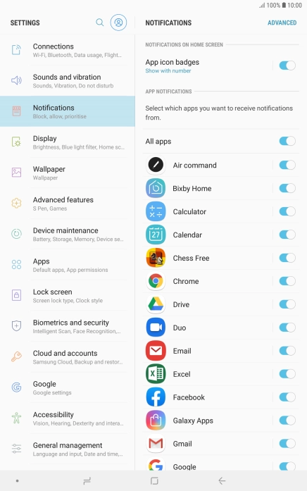 Press the indicator next to the required app to turn the function on or off.