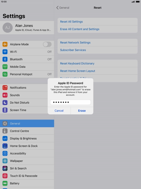 Key in the password for your Apple ID and press Erase. Wait a moment while the factory default settings are restored. Follow the instructions on the screen to set up your tablet and prepare it for use. Key in the password for your Apple ID and press Erase. Wait a moment while the factory default settings are restored. Follow the instructions on the screen to set up your tablet and prepare it for use.