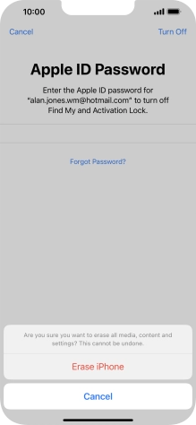 Key in the password for your Apple ID and press Erase iPhone. Wait a moment while the factory default settings are restored. Follow the instructions on the screen to set up your phone and prepare it for use.