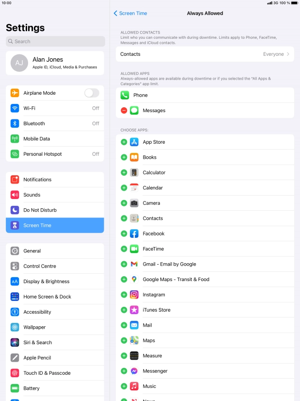 Press the add icon next to the required app to add it to the list of allowed apps during Downtime.
