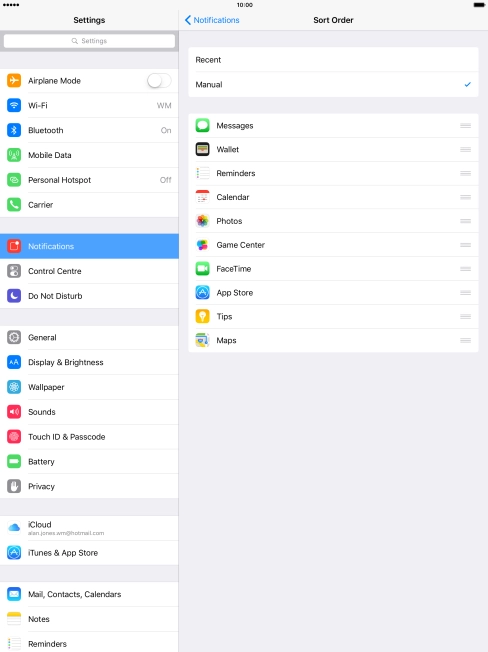 To sort notifications manually, press the organise icon next to the required menu item and drag it to the required position on the list.