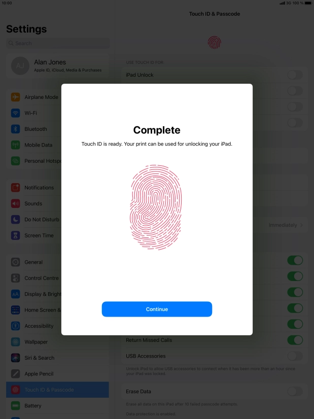 Press Continue. If you haven't previously selected a lock code, key in a code of your own choice twice.