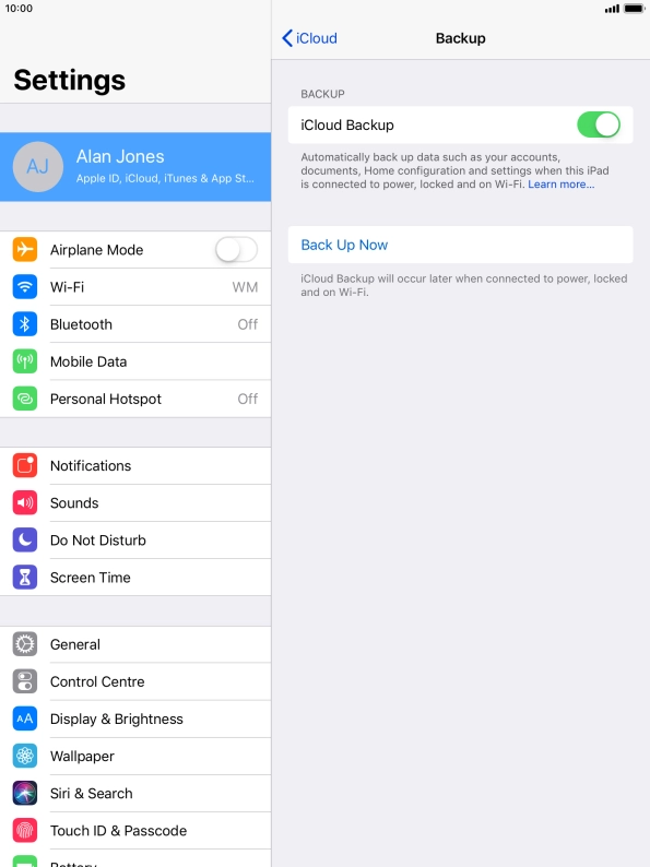Press Back Up Now and wait while the tablet memory is backed up.