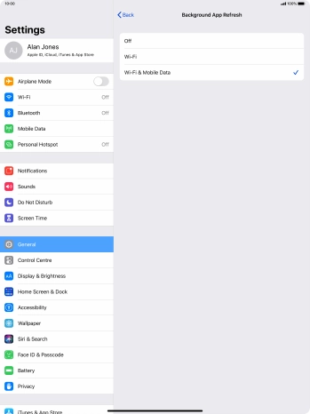To turn off background refresh of apps, press Off.
