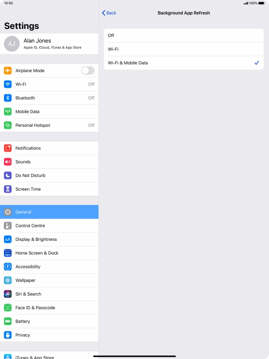 To turn off background refresh of apps, press Off.