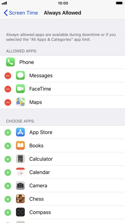 Press the add icon next to the required app to add it to the list of allowed apps during Downtime.