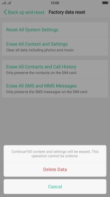 Press Delete Data. Wait a moment while the factory default settings are restored. Follow the instructions on the screen to set up your phone and prepare it for use.