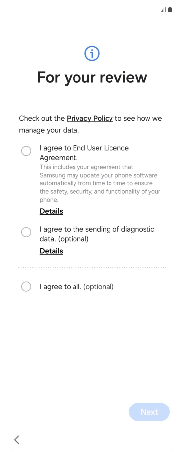 Press the fields next to the required settings to select them. Press the fields next to the required settings to select them.