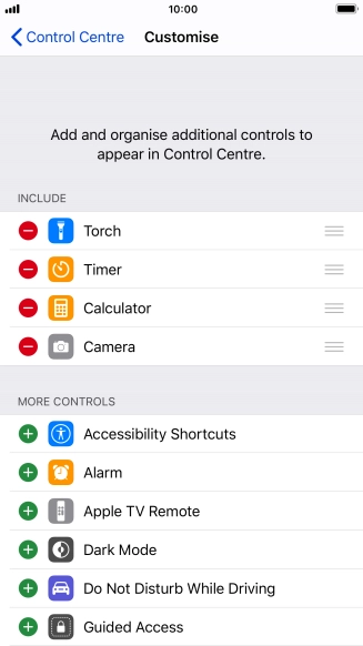 Press the delete icon next to the required function to remove it from Control Centre.