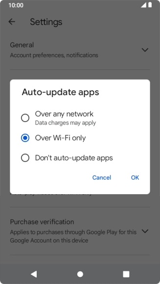 To turn on automatic update of apps using mobile network, press Over any network.