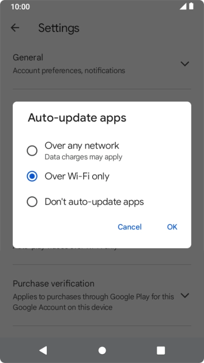 To turn on automatic update of apps using mobile network, press Over any network.